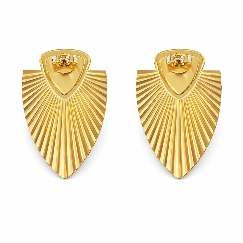 Vintage Gold Tone Fan Drop Earrings‎ w/ Cream Enamel – Statement Retro
